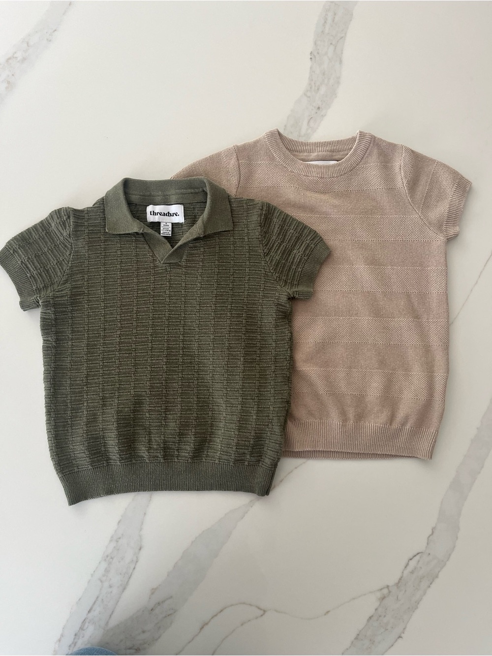2-Pack Short-Sleeve Knit Tops in Olive and Beige